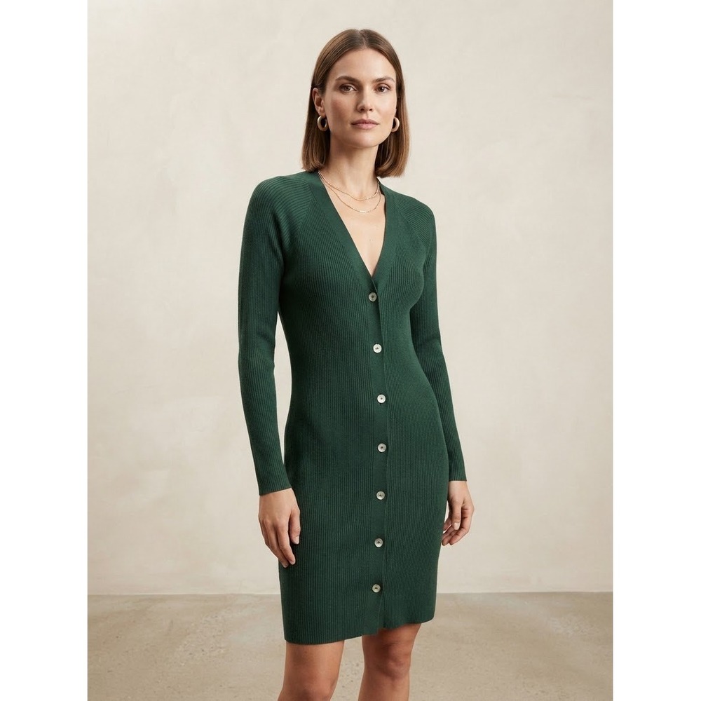 Mango MNG Women Green Ribbed Knit V-Neck Button Front Cardigan Midi Dress XS